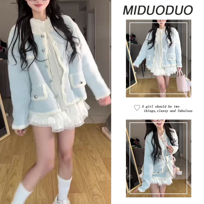 【现货】秋冬温柔穿搭2025年新款韩版长袖上衣小香风外套短裙三件套