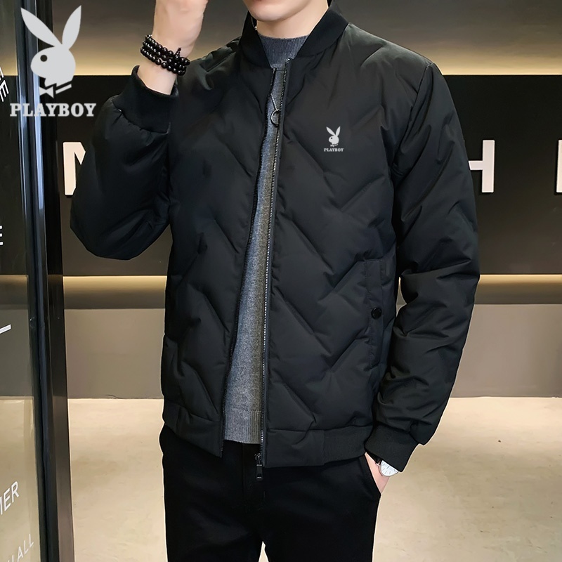 花花公子羽绒棉服男士冬季外套棒球领短款轻薄商务休闲夹克保暖衣