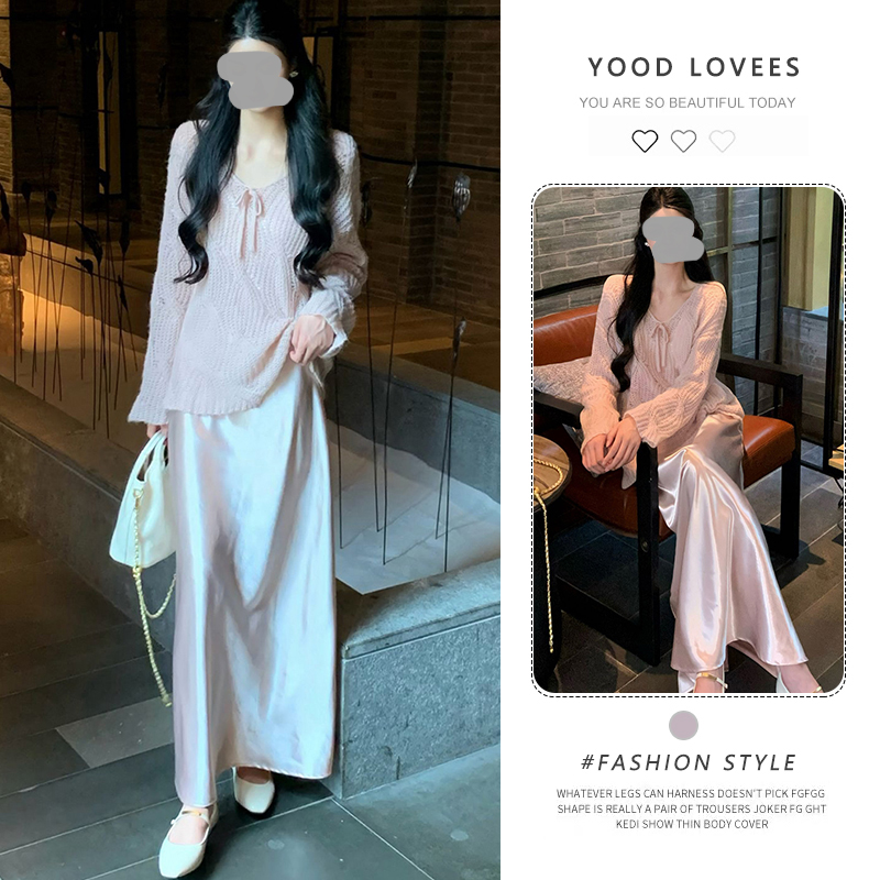 春秋穿搭一整套韩系设计感慵懒宽松针织毛衣上衣女吊带裙气质套装