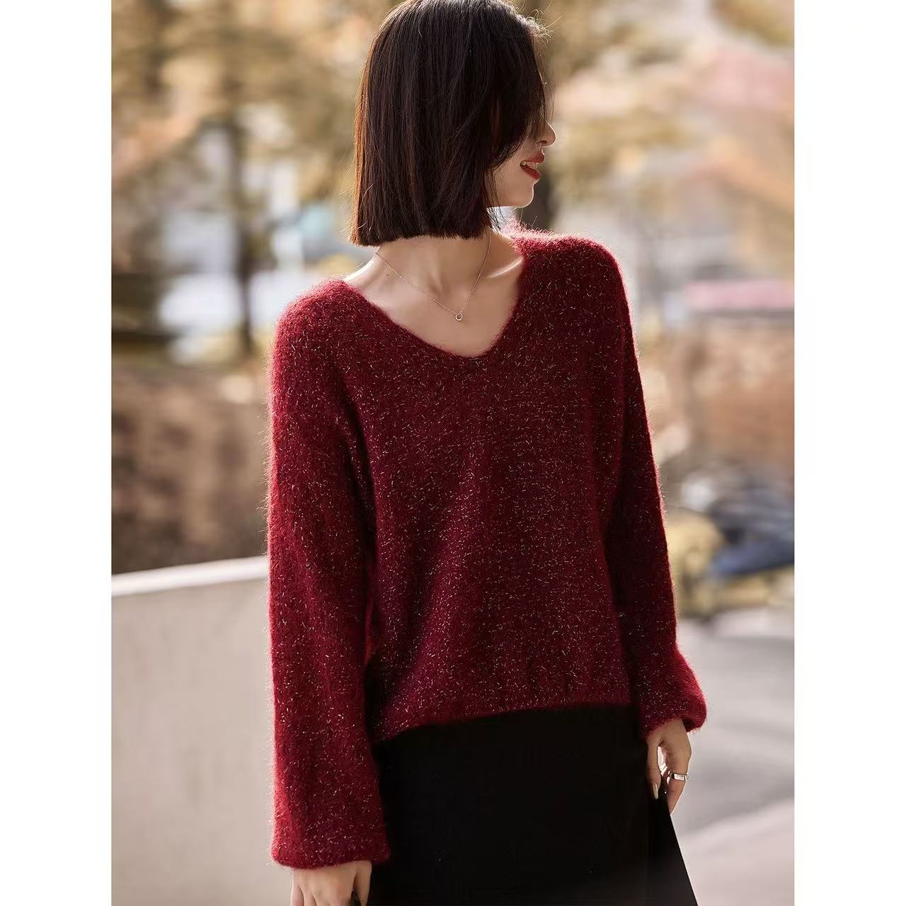 新年定制款 BlingBling亮闪闪V领亮片毛衣女宽松慵懒风针织衫