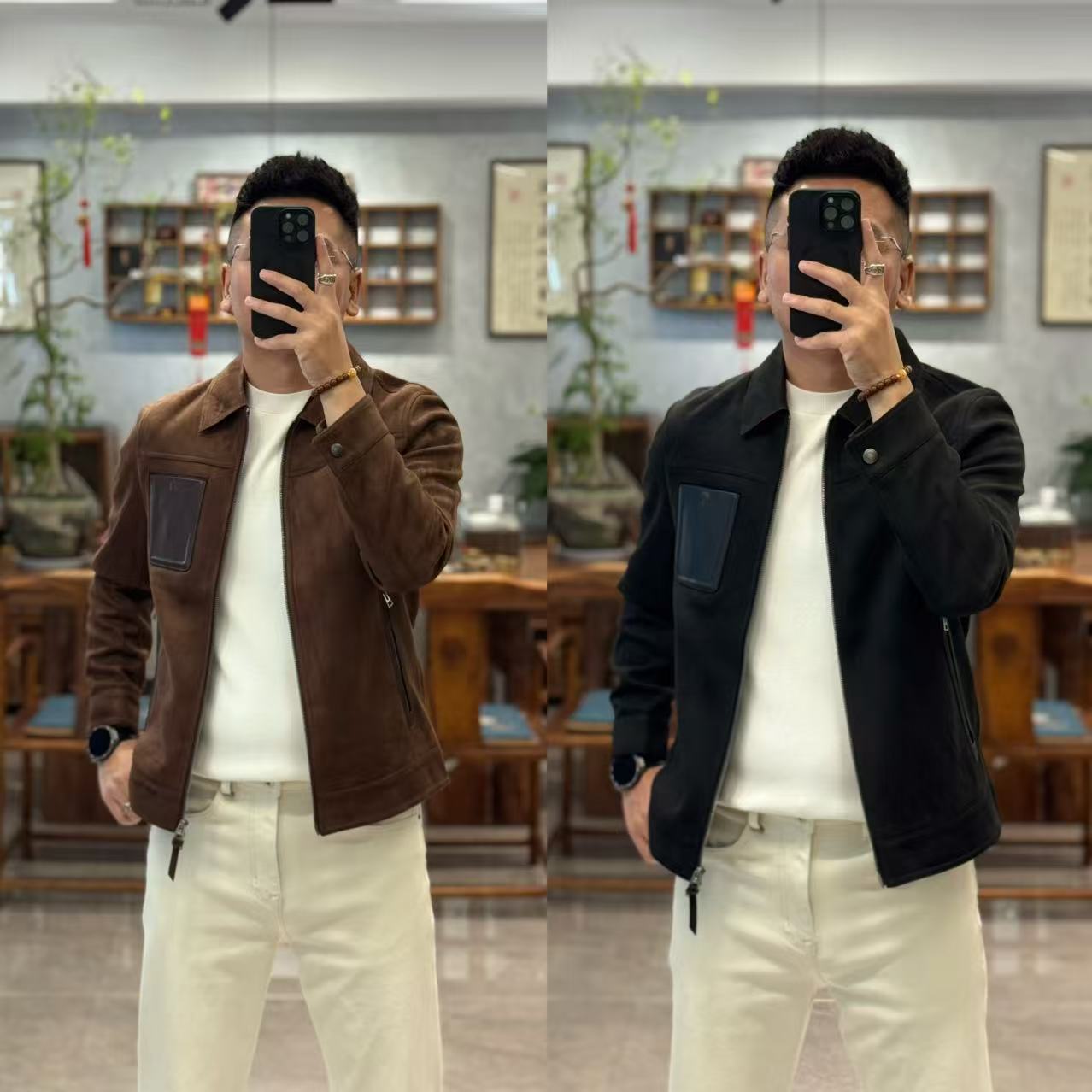 50372欧货秋季高定高品翻领拉链拼羊皮男士夹克外套