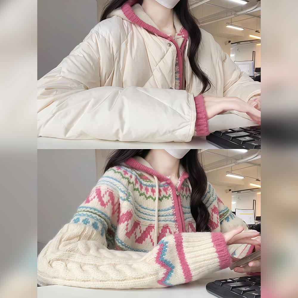 粉色费尔岛提花连帽毛衣针织衫女2025超火新款初夏韩系穿搭上衣