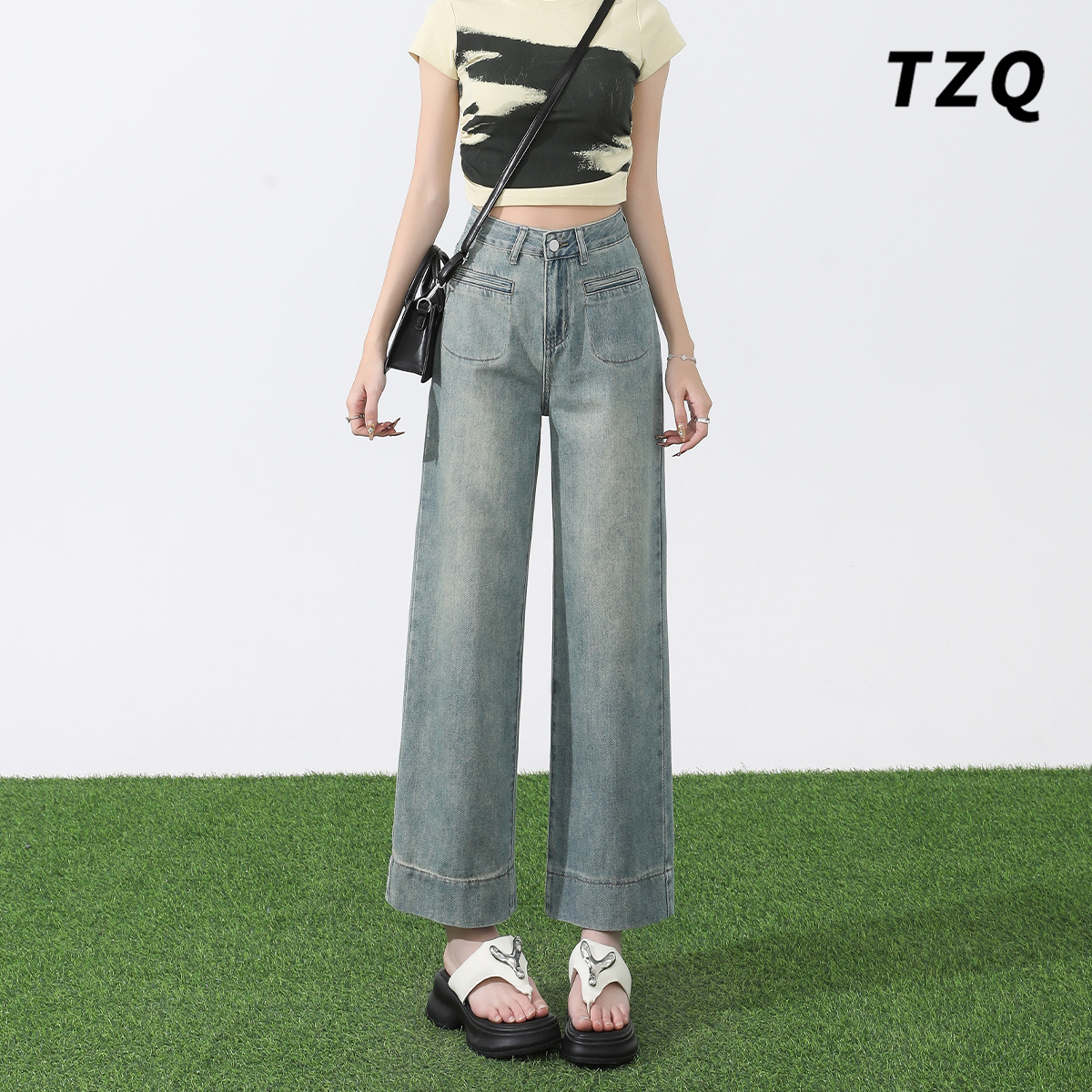 复古直筒牛仔裤女款爆款2025新款秋季九分宽松阔腿裤子TZQ2571707