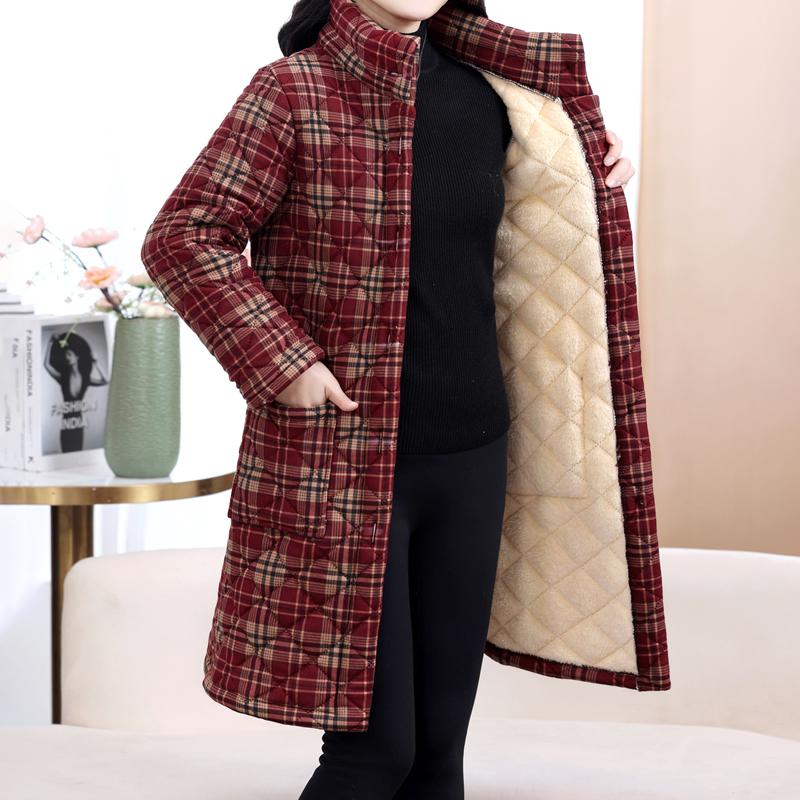 AMAS市场同款冬季妈妈装加绒加厚中长款立领格子棉衣时尚减龄女