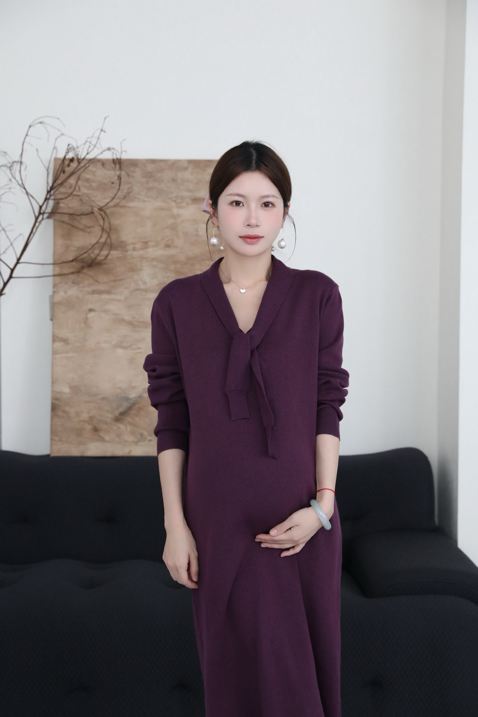 senenmu 丝巾v领紫裙  秋冬新款显瘦宽松气质连衣裙孕妇装