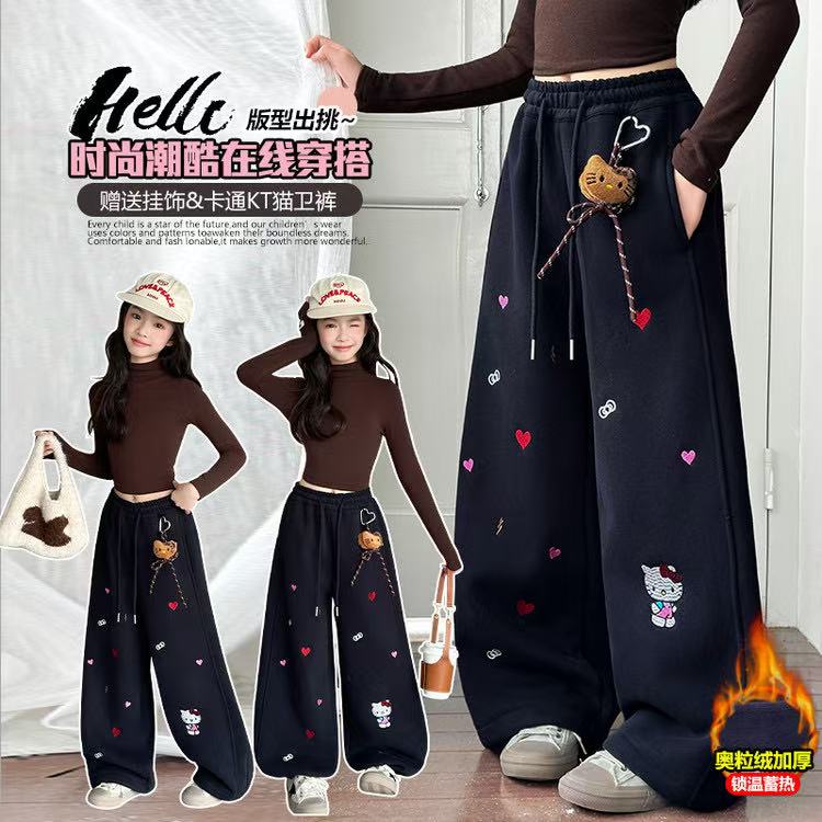 女童加绒裤子2025秋冬装新款中大童加厚保暖刺绣KT猫一体绒卫裤