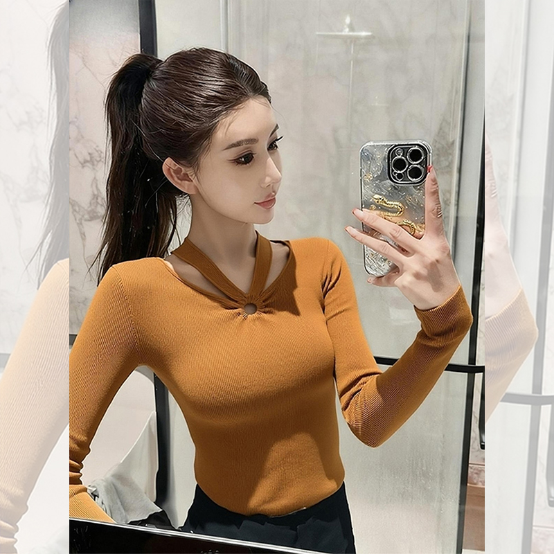 独特漂亮内搭镂空小衫橘色毛衣打底女装秋冬针织衫洋气高贵上衣服