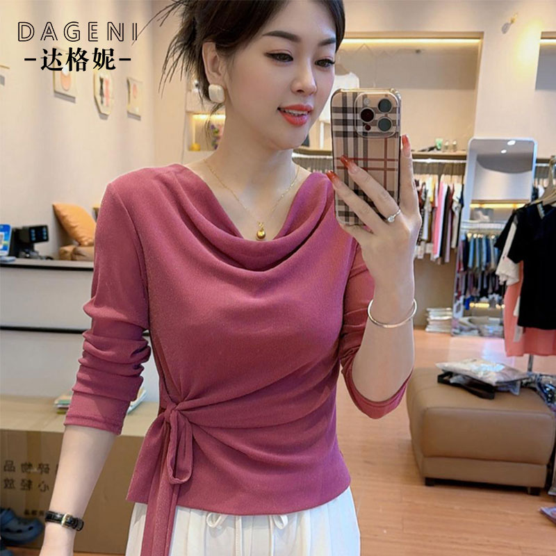 堆堆领亮丝网纱打底衫女内搭2025秋新款收腰绑带t恤小衫洋气上衣