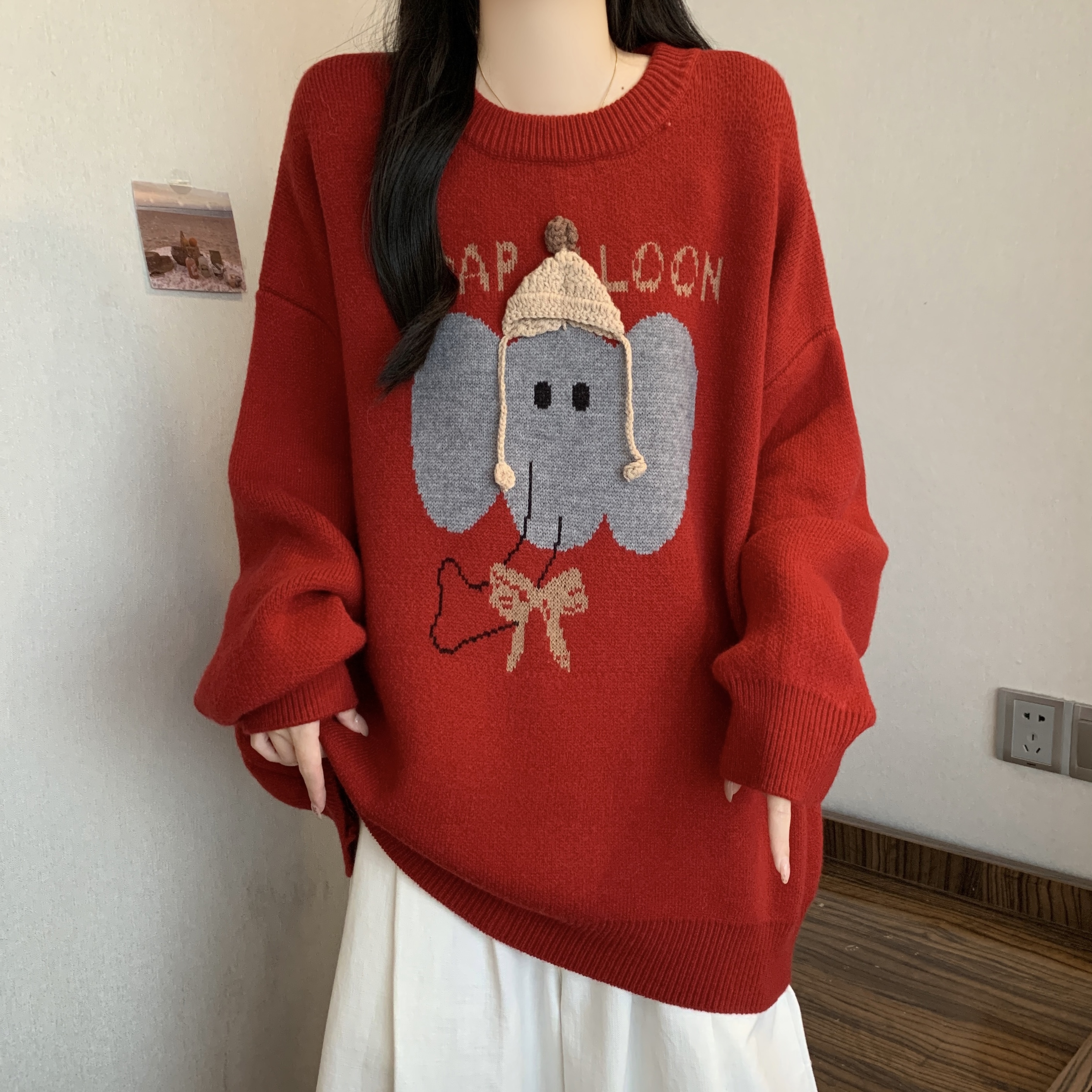 2025韩系卡通小象提花针织衫女秋冬大码宽松慵懒风减龄中长款毛衣