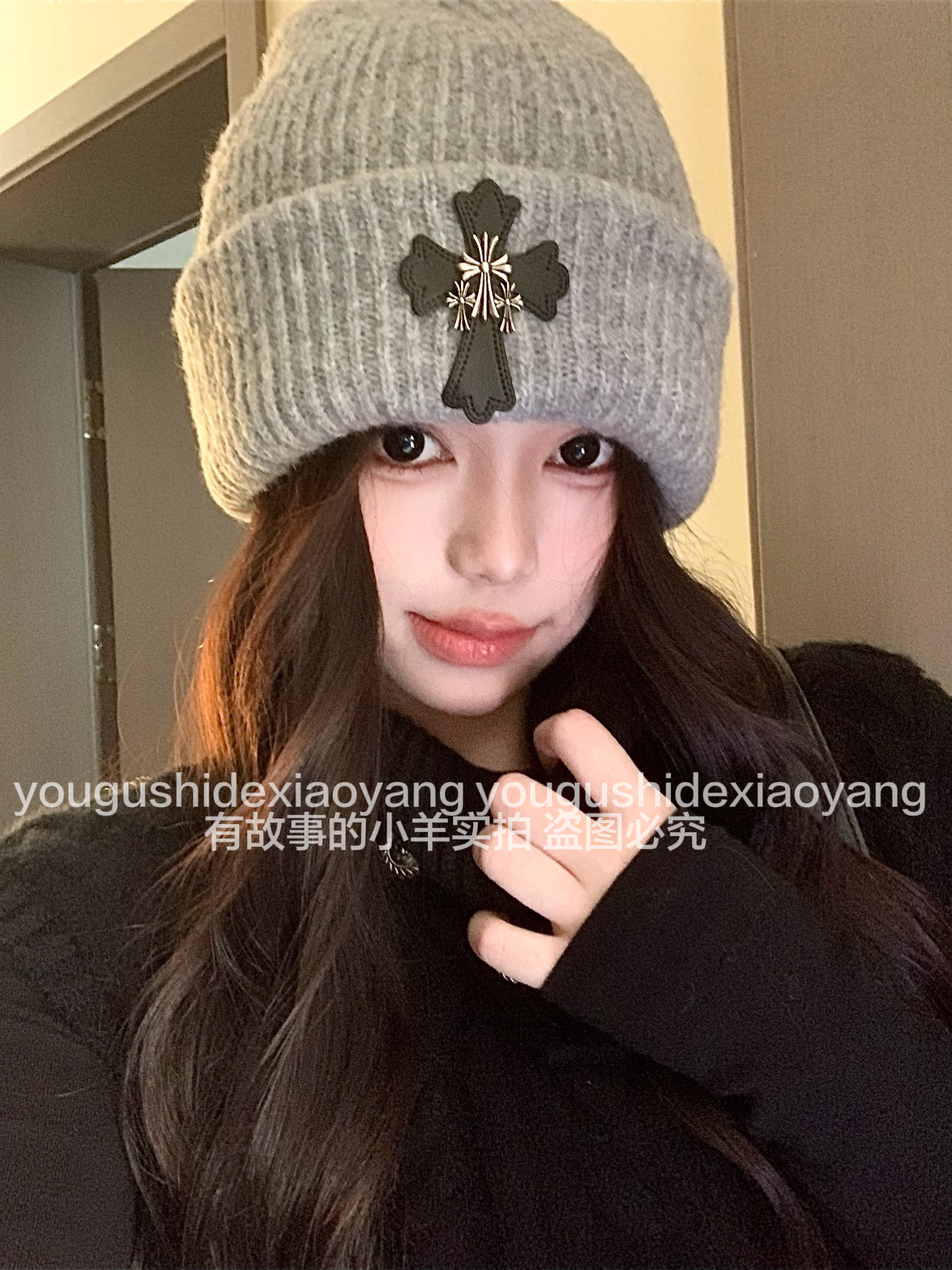 有故事的小羊|美式复古十字架毛线帽女冬季冷帽女防寒保暖帅感帽