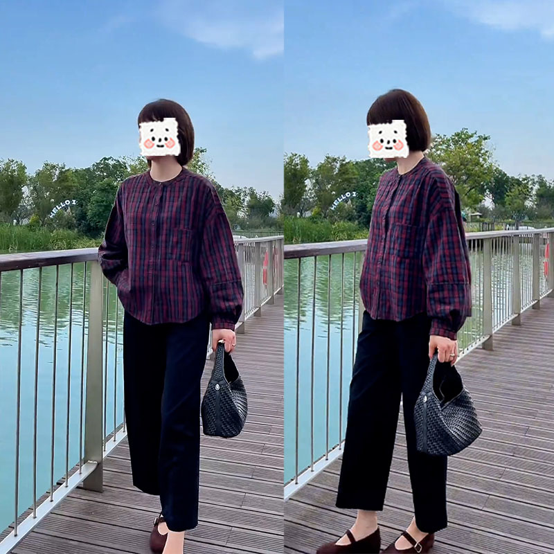 2025早秋新款设计感时尚套装气质复古格子衬衫女九分休闲裤两件套