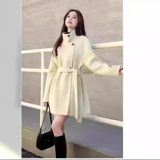 【】秋冬新款双面大衣系带韩版通勤毛呢外套气质中长款厚常规高领