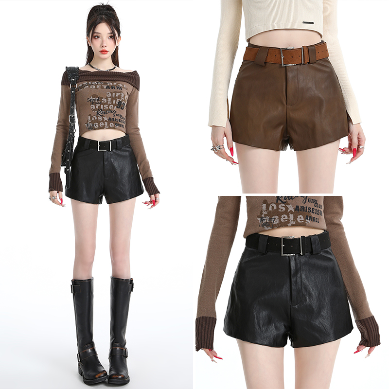 2025秋冬新款高腰显瘦包臀短裤黑色A字PU皮裤小个子热裤外穿女装