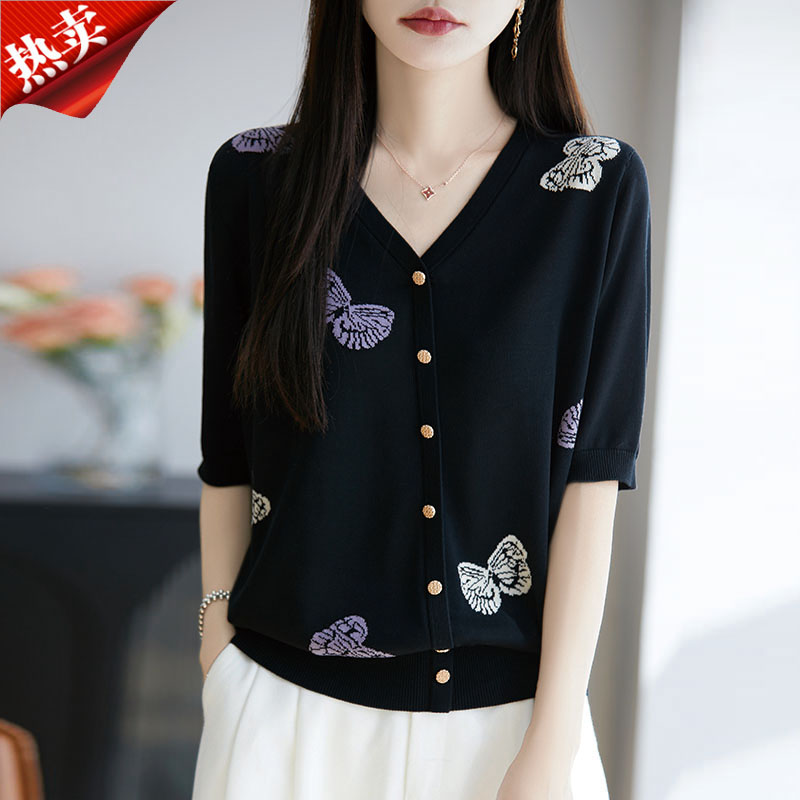 时尚品牌洋气重工彩色蝴蝶短袖针织开衫百搭V领T恤女装上衣夏季