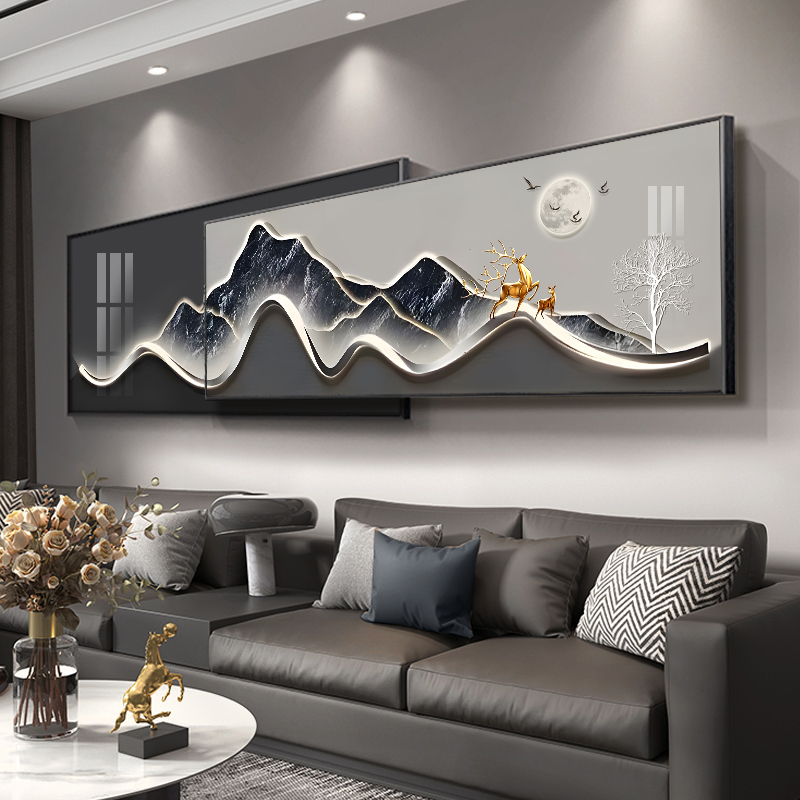 现代轻奢沙发背景墙装饰画背有靠山高级感大气客厅挂画叠加山水画