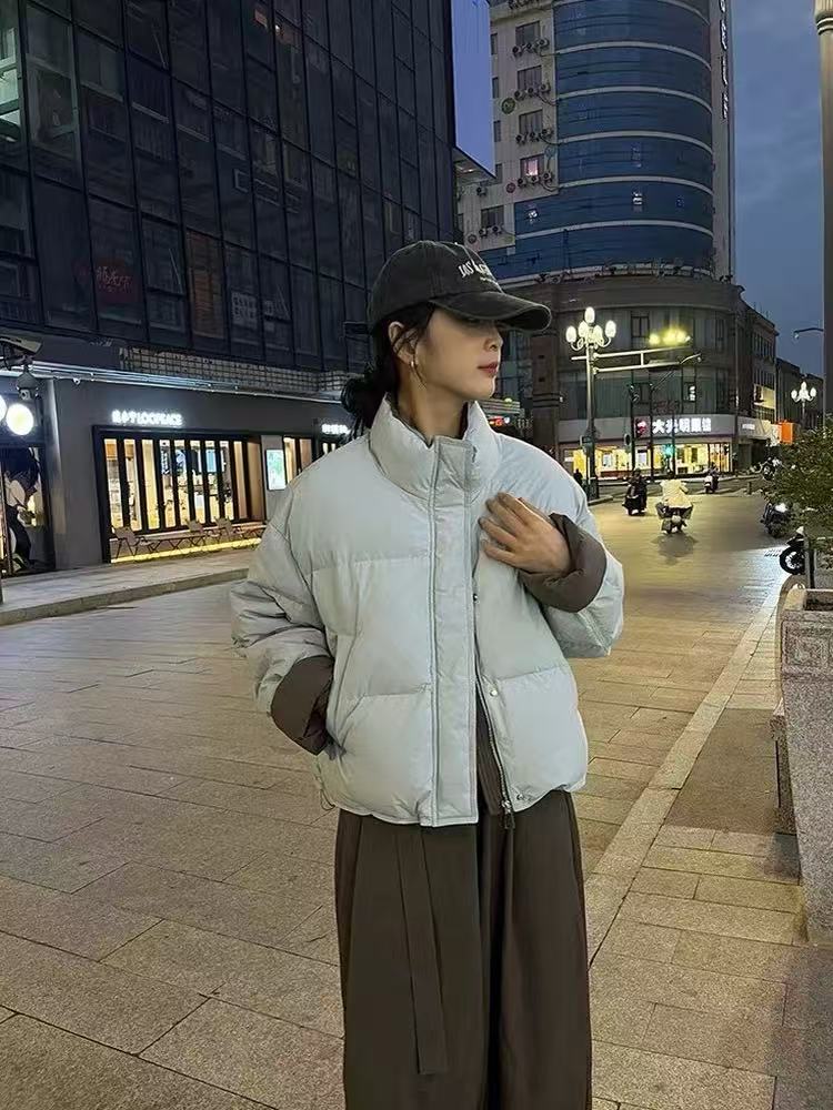 DQ韩版撞色立领羽绒服短款简约面包服883