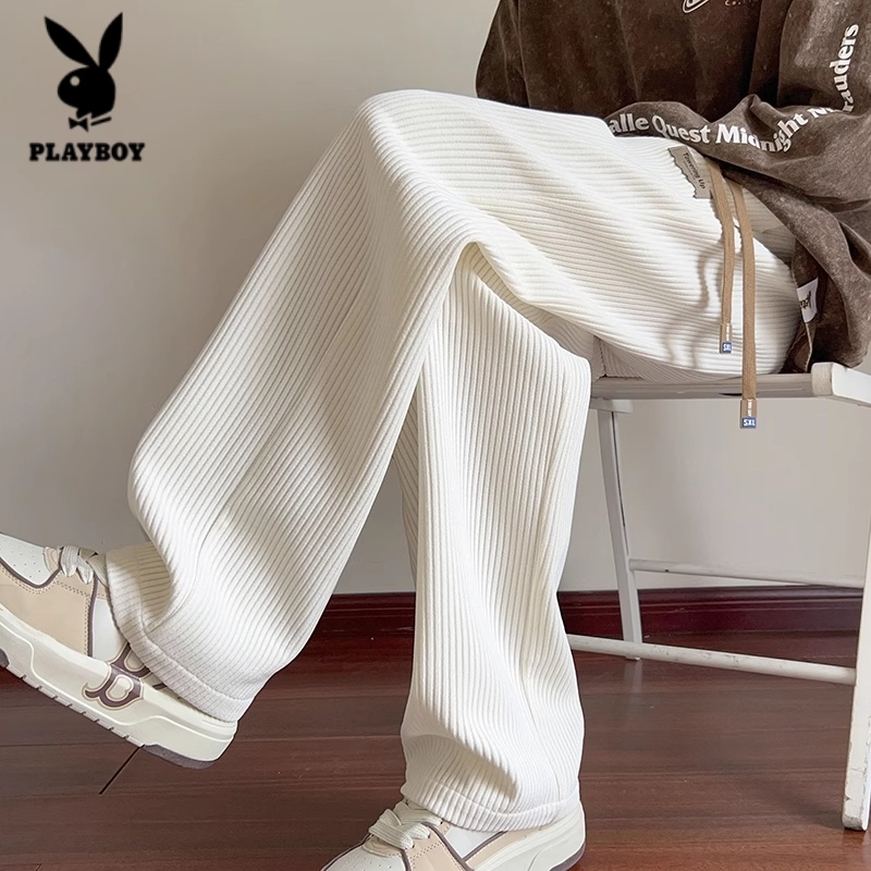 花花公子米白色灯芯绒阔腿裤男士条纹雪尼尔直筒卫裤潮流休闲裤