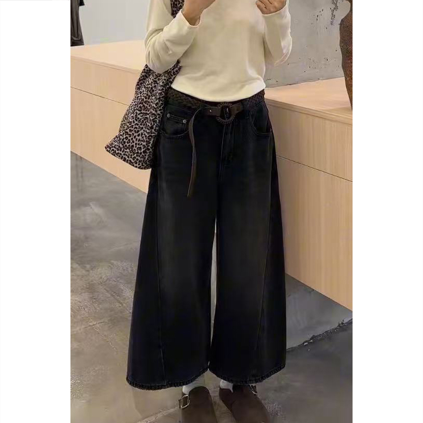 艾塔莉早秋高腰女款九分裤阔腿裤牛仔裤黑色时尚修身百搭显瘦女裤