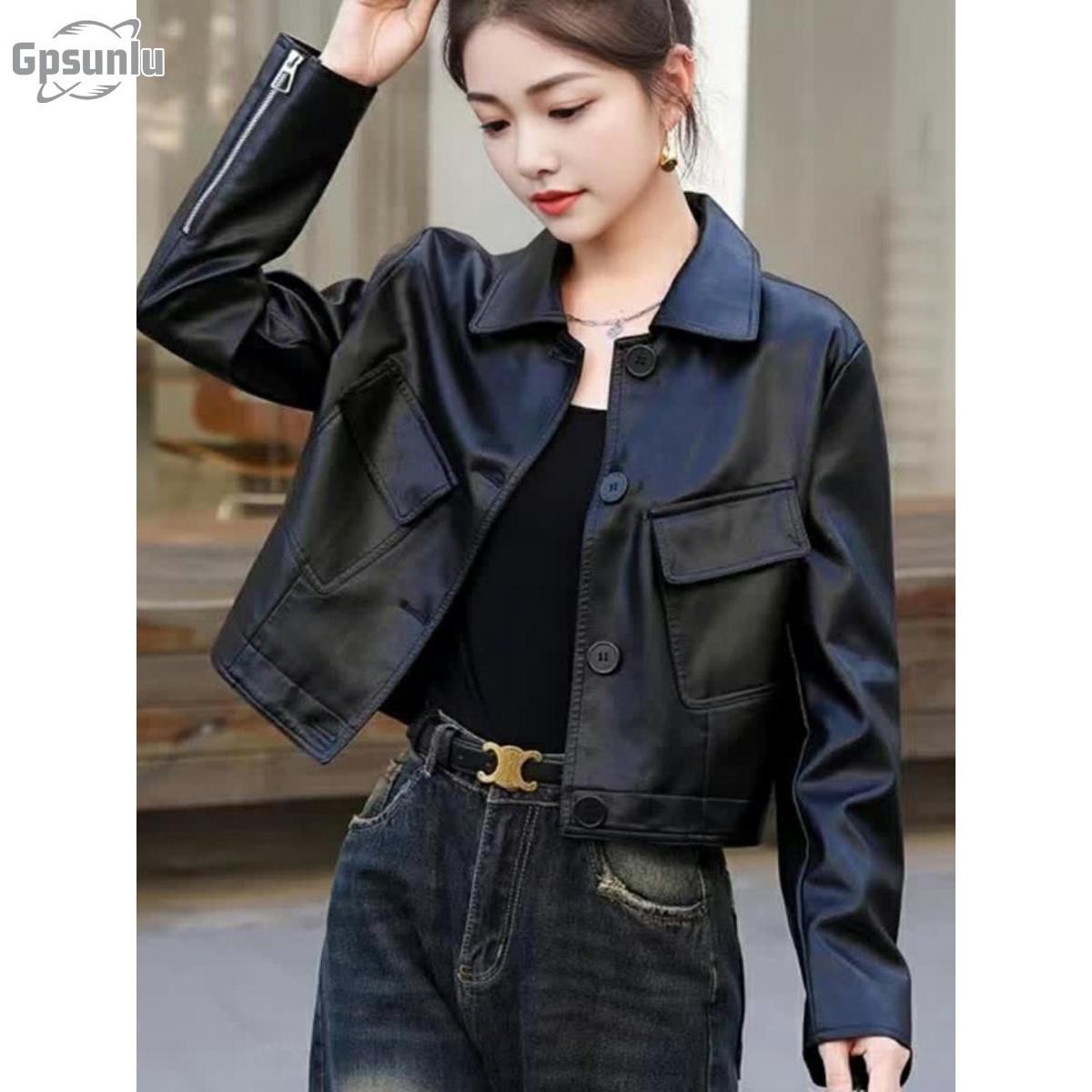 gpsunlu休闲秋季新款小皮夹克女士宽松修身摩女士通勤宽松皮夹克