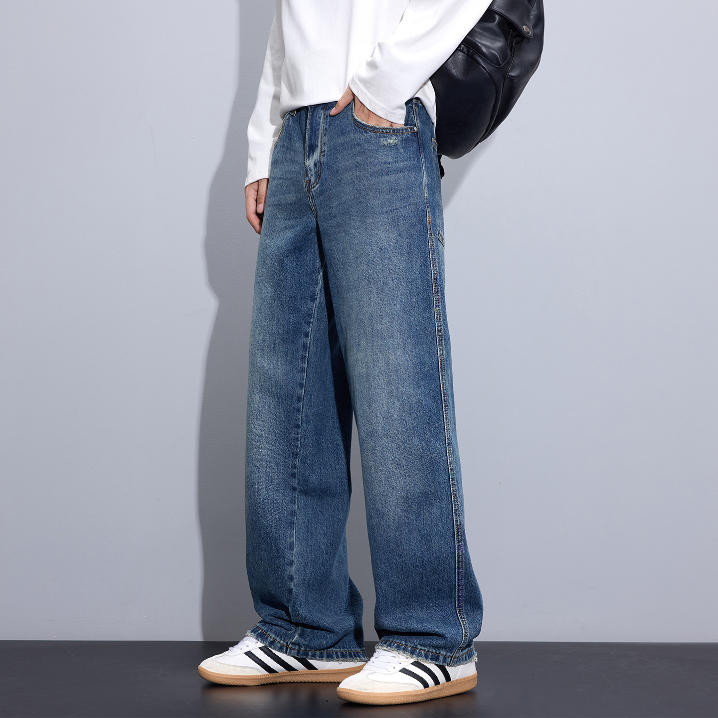 Kuvine2025秋季新款水洗刮烂牛仔裤男款美式高街宽松直筒阔腿长裤