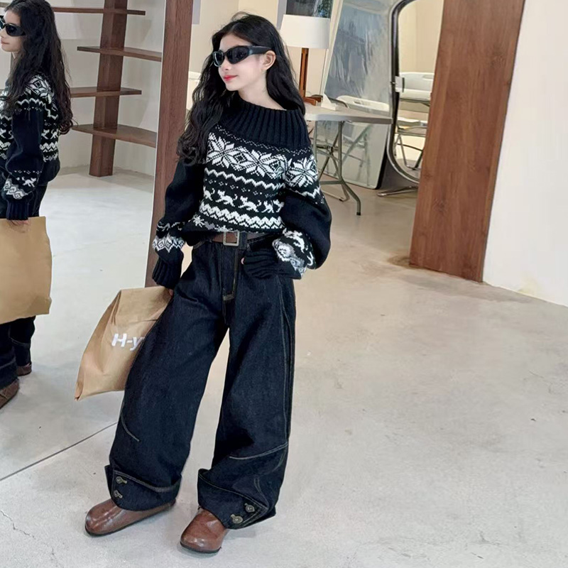 【酷哒仔】女童韩系费尔岛毛衣牛仔阔腿裤两件套装2025秋季中大童潮