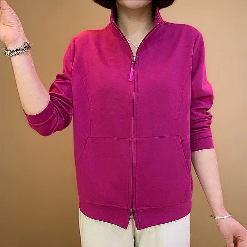 春季新款时尚百搭中年妈妈装显瘦双拉链休闲外套上衣纯色开衫卫衣
