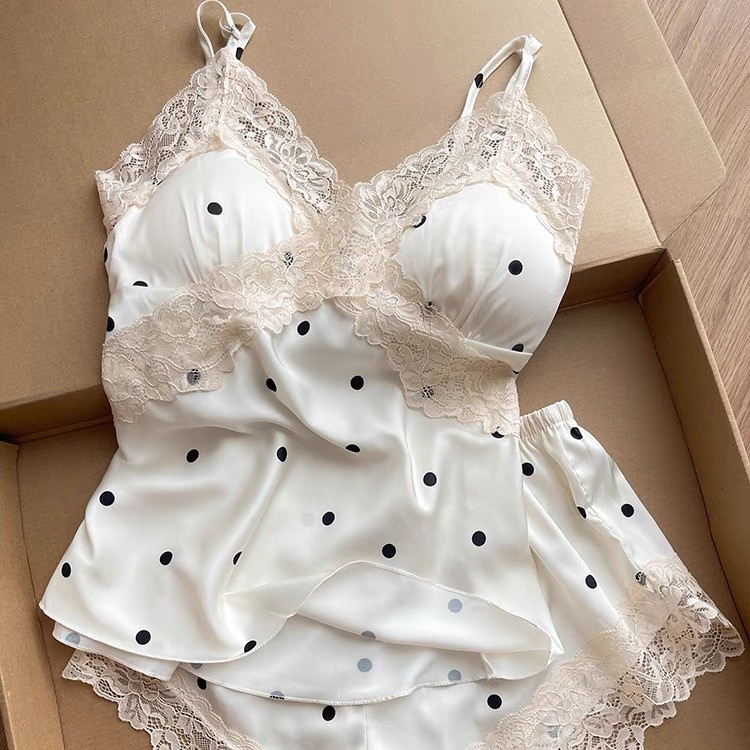 经典波点夏季蕾丝吊带背心短裤女式家居服冰丝睡衣性感花边带胸垫
