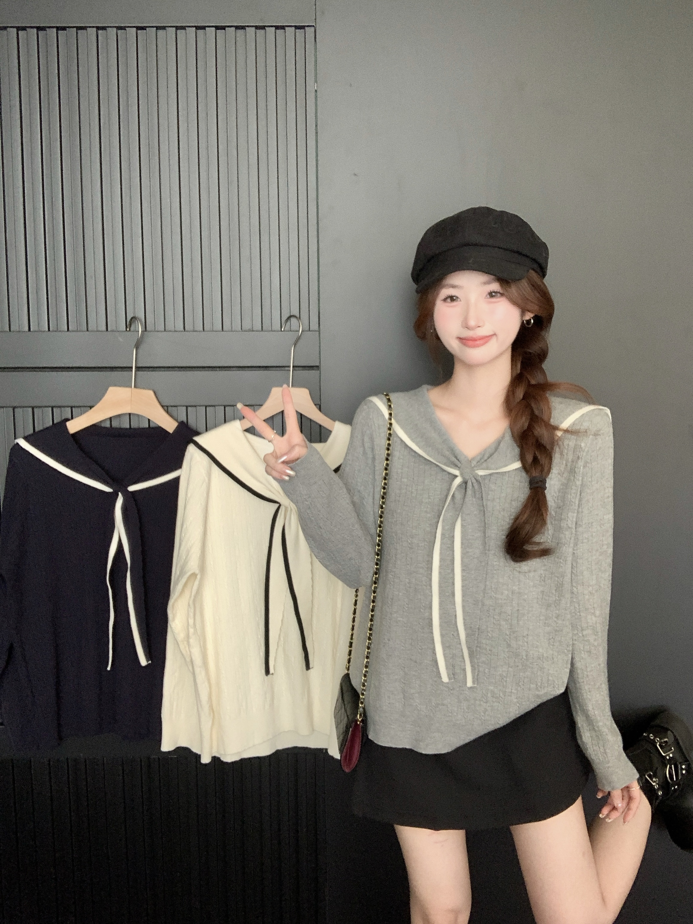 2025秋季新款胖mm大码学院风海军领长袖针织衫韩系减龄上衣68662