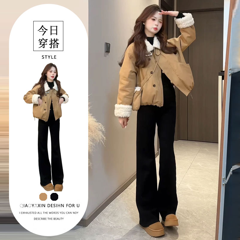 2025冬季英伦风气质宽松保暖外套高腰黑色裤子港味别致百搭两件套