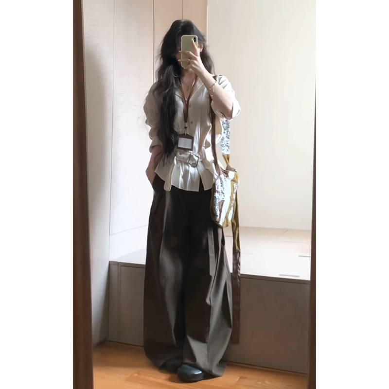 parkyeon设计感收腰显瘦条纹衬衫上衣女高腰显瘦阔腿休闲裤套装