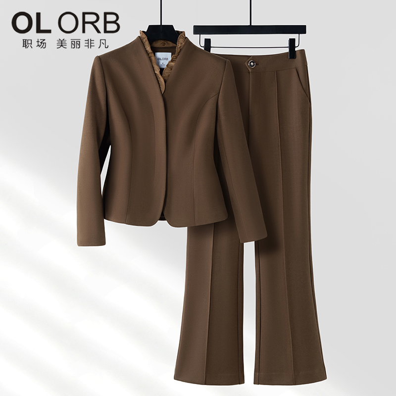 秋冬新款气质荷叶领正装长袖西装套装女职场职业修身西服圆领上衣