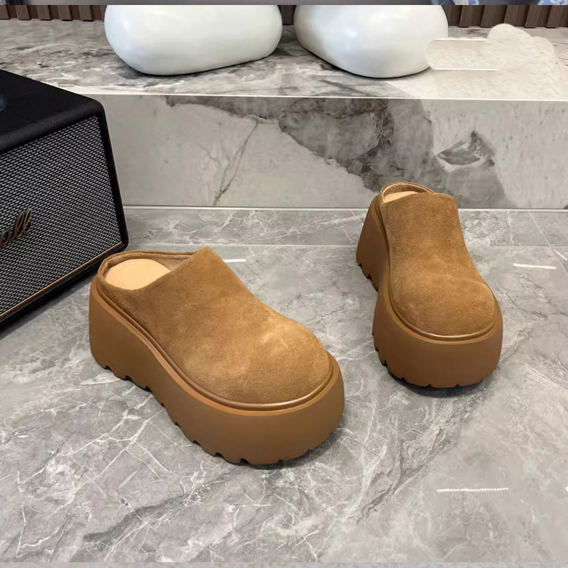 芒果头翻毛皮大头面包鞋一脚蹬半拖鞋鞋托小个子松糕厚底