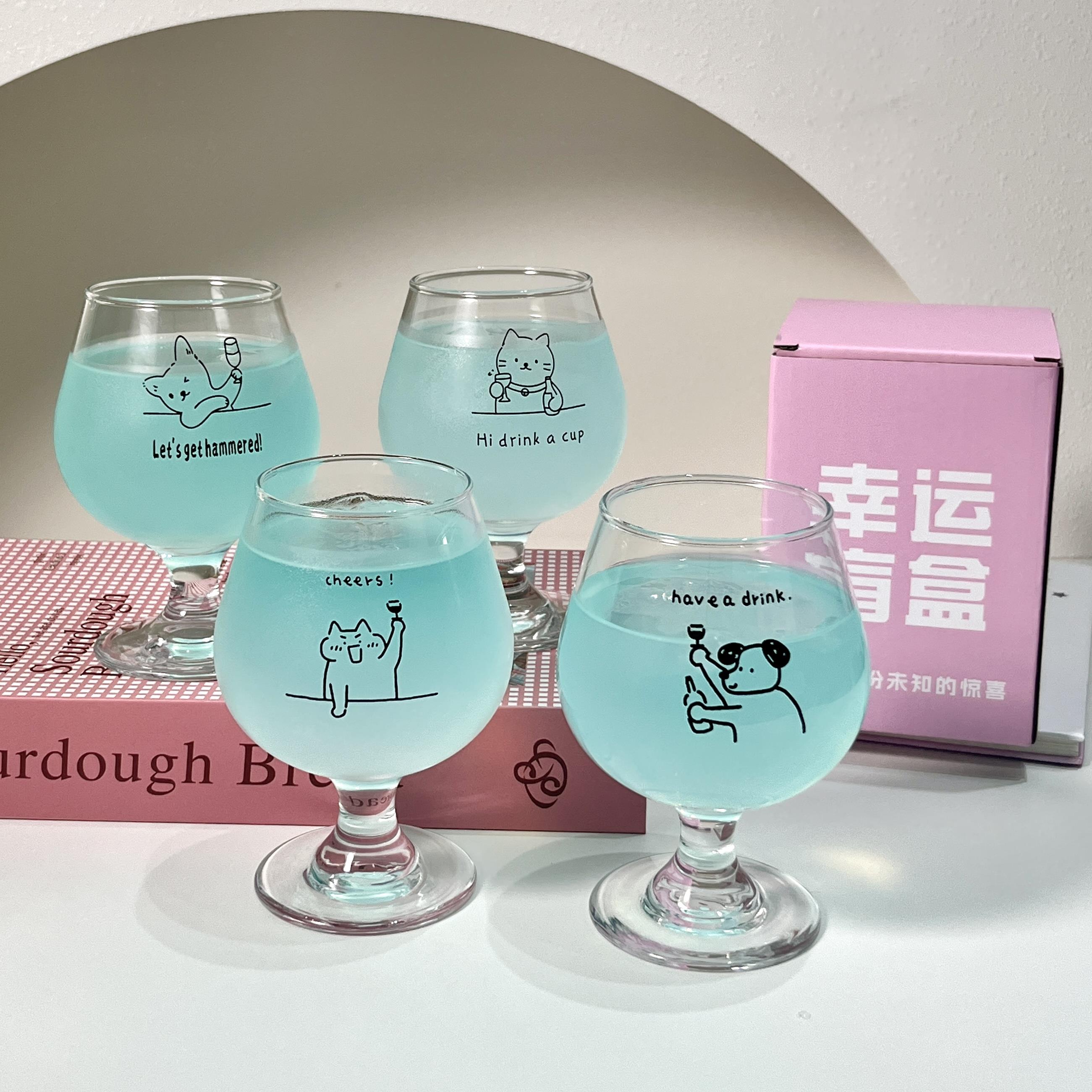 原创韩式可爱小猫ins风玻璃杯礼物杯子高脚杯果酒果汁杯气泡水杯