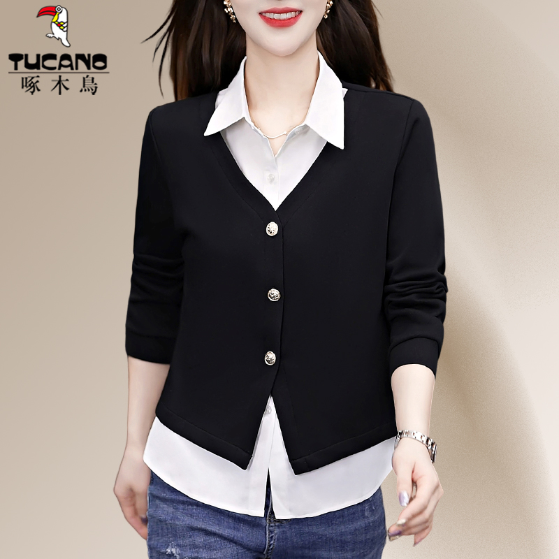 啄木鸟假两件针织衫上衣女春秋2025新款衬衫时尚中年妈妈气质小衫