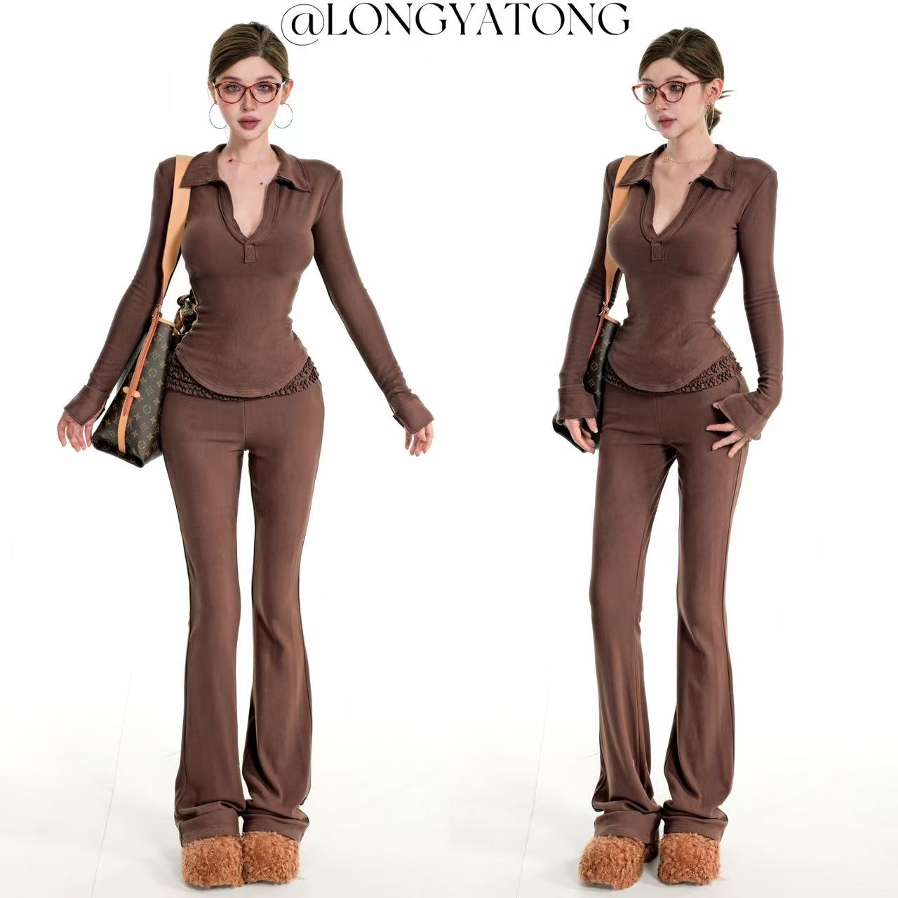 龙牙童推荐【穿搭教科书】辣妹风运动套装收腰上衣显瘦微喇裤两件套