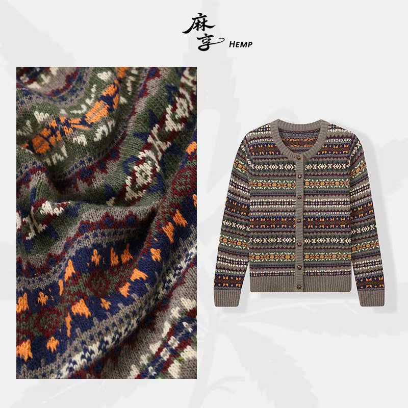 麻享【彩条费尔岛】重工提花羊毛针织开衫女士长袖宽松保暖FSY51001