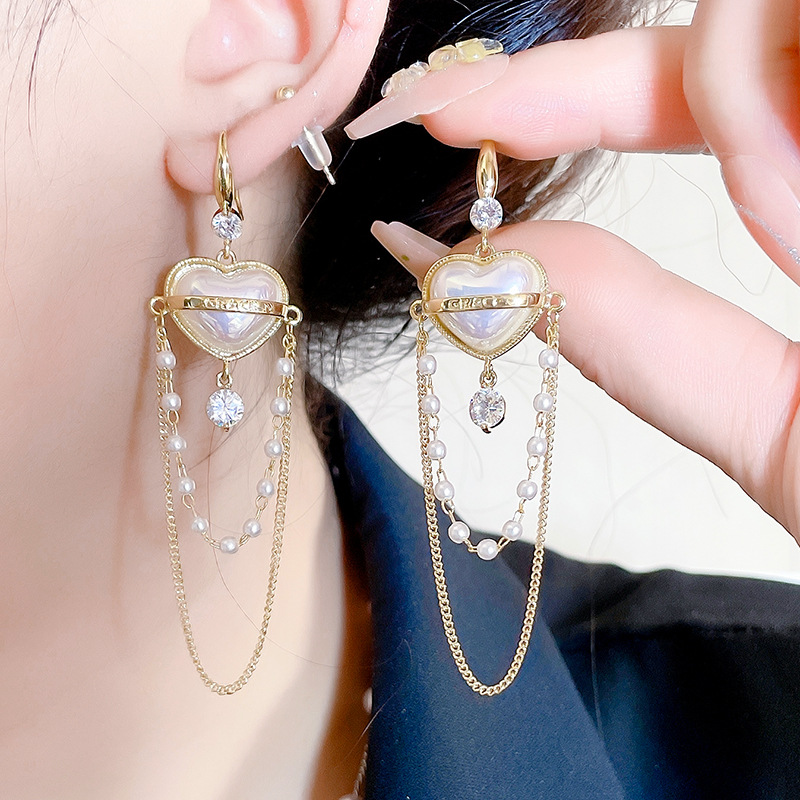 铜合金耳饰 S925法式镶钻人鱼姬珍珠爱心长款流苏轻奢高级耳环