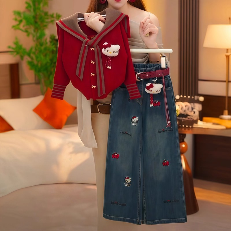 女童KT套装春秋新款儿童毛衣开衫外套秋装儿童秋季套装两件牛仔裤