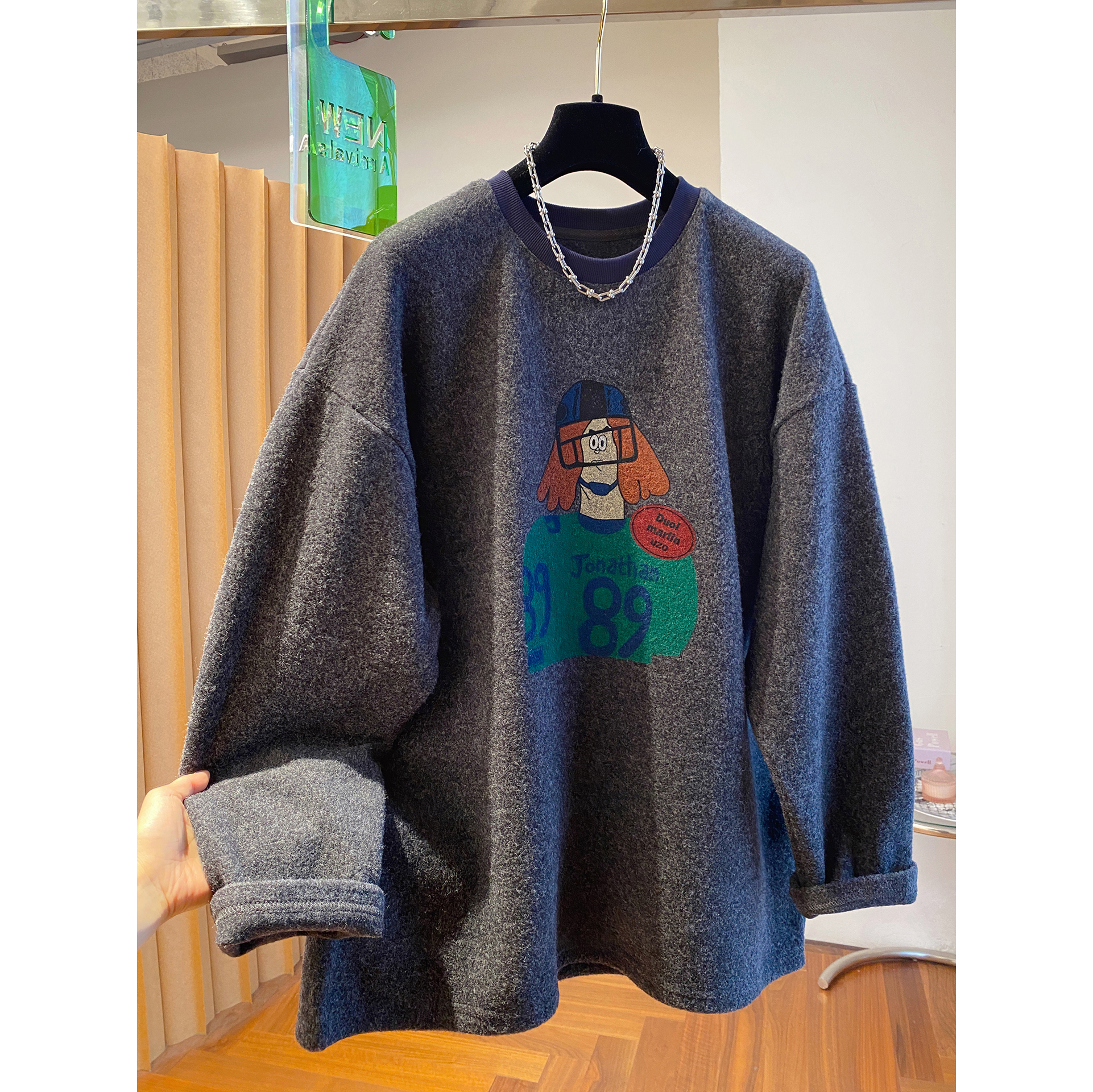 胖mm240斤大码卡通印花磨毛t恤女秋冬长袖宽松保暖内搭打底衫上衣