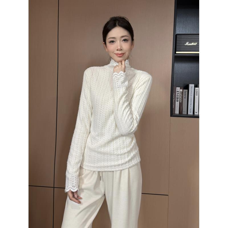 半高领磨毛蕾丝打底衫女2025秋冬洋气内搭小衫网纱上衣女AM25680