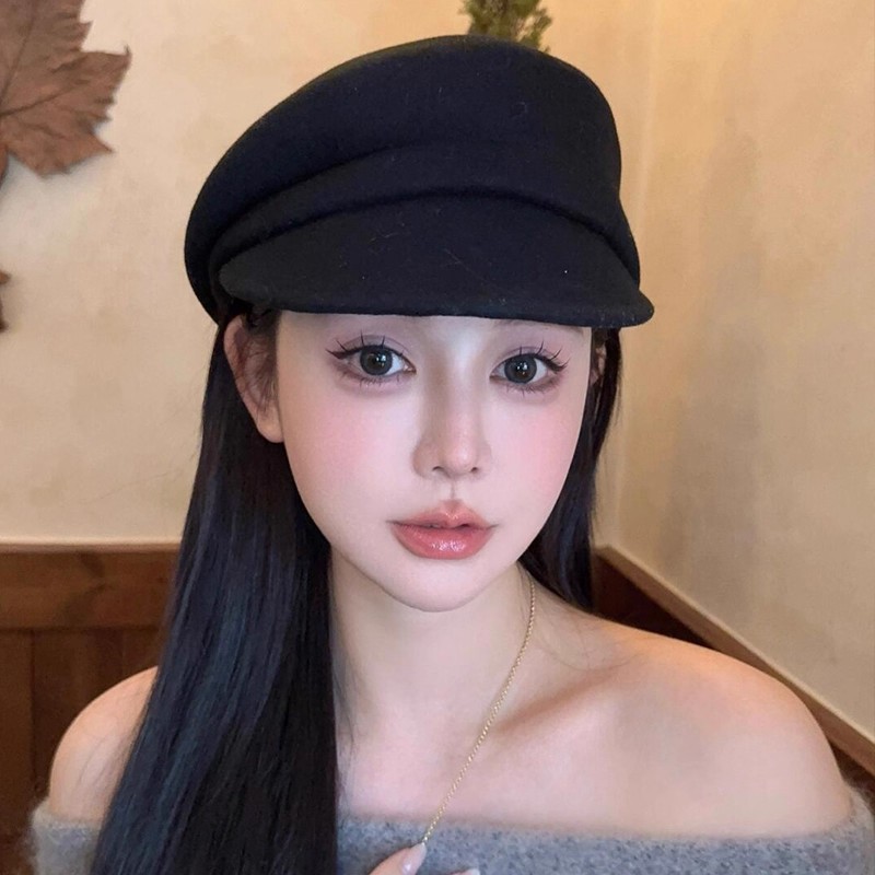 fever同款~黑色羊毛报童帽女秋冬马术帽八角帽子贝雷帽英伦羊毡帽