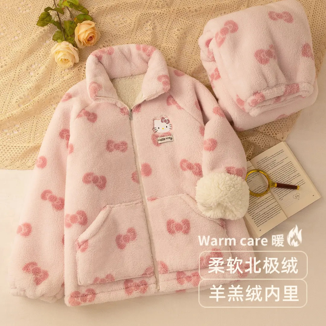 202新款加绒睡衣套装女秋冬季珊瑚绒拉链款家居服套装可外穿外套