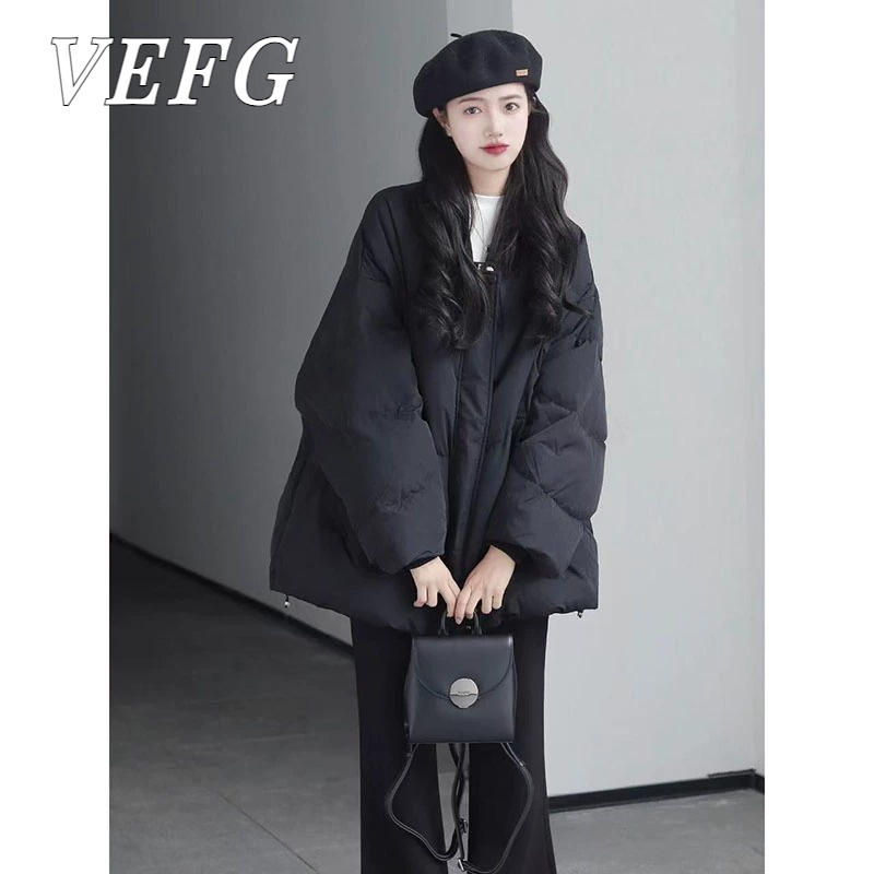 VEFG黑色V领百搭棉服女冬季大码胖mm宽松韩系高级好看加厚面包服