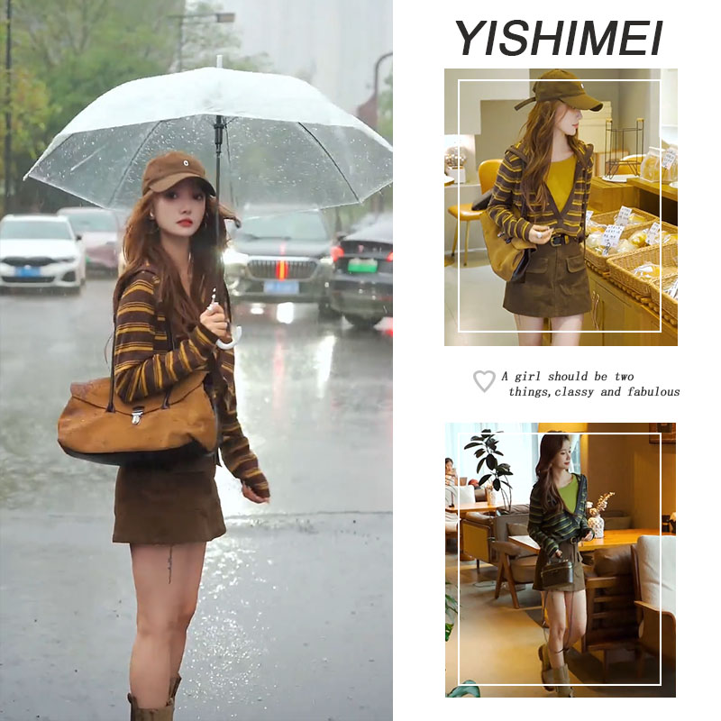 2025年秋季新款爆款时尚假两件连帽针织条纹短款上衣高腰裙裤套装