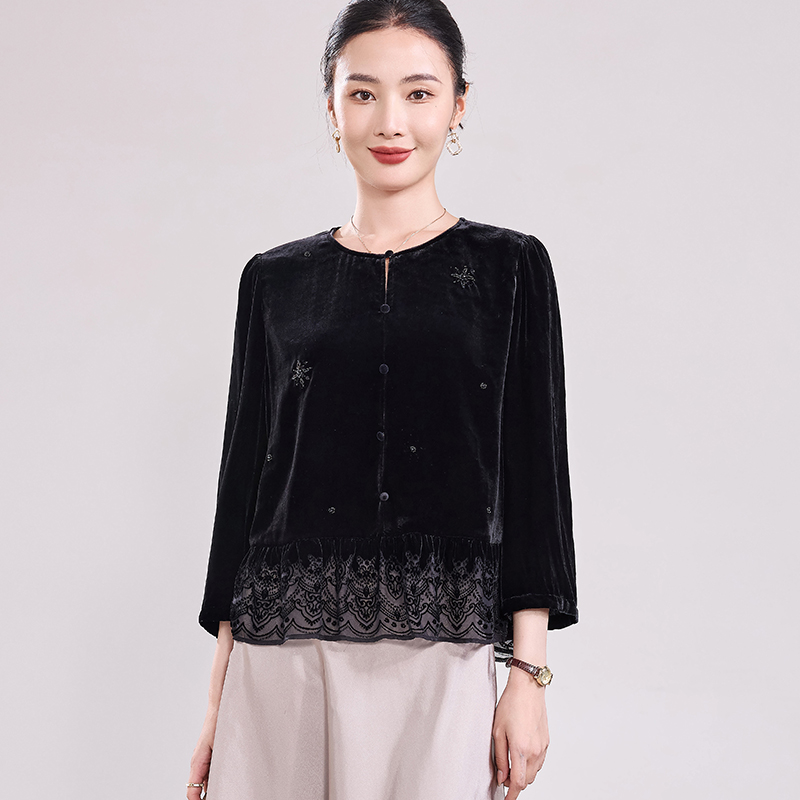 复古轻奢真丝丝绒上衣女秋季新款高级百搭通勤圆领桑蚕丝套头小衫