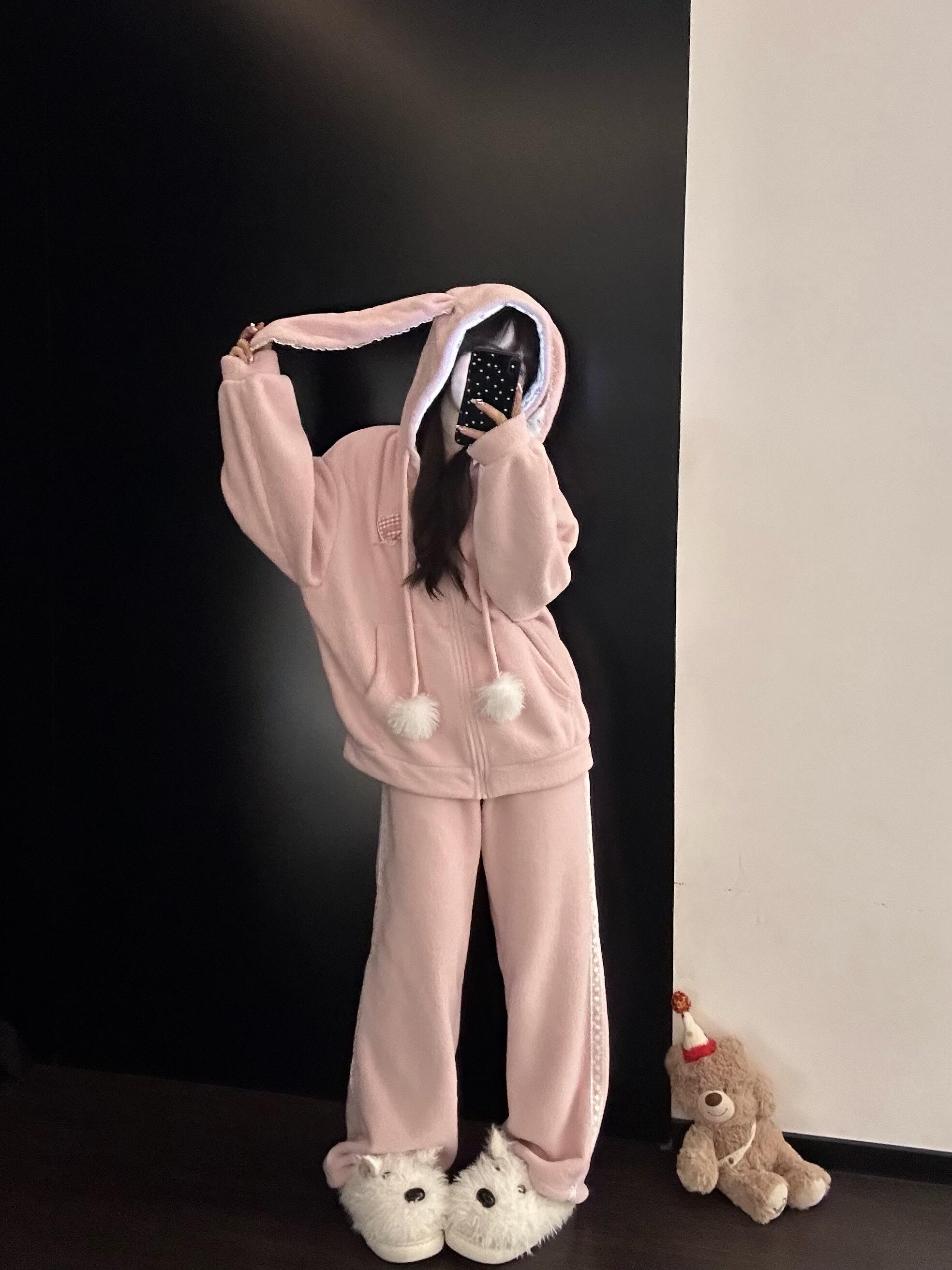 可爱少女风粉嫩小兔半边绒连帽睡衣女秋冬款加厚家居服套装可外穿