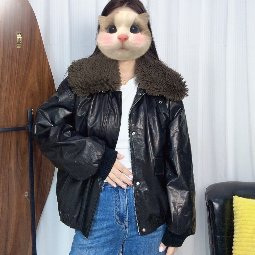 2025海宁新款羊羔毛大毛领真皮皮衣女高级感小个子宽松夹棉外套潮