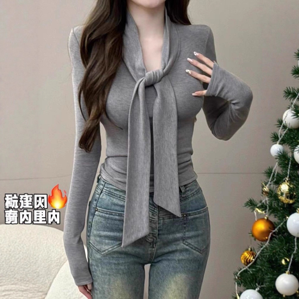 2025秋冬设计感绑带长袖恤女新款纯欲德绒内搭修身显瘦打底衫上衣