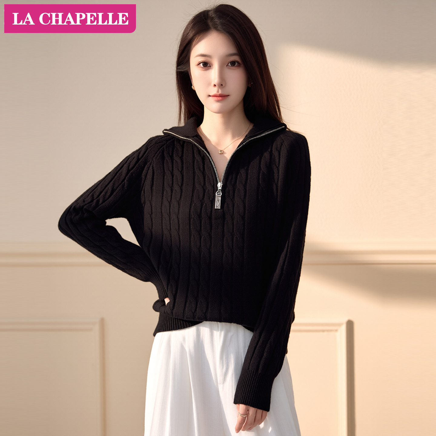 拉夏贝尔韩版半拉链麻花毛衣女秋冬氛围感慵懒风复古大翻领针织衫