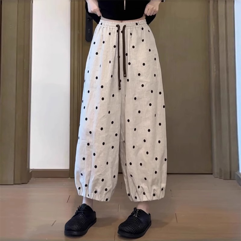 棉麻波点哈伦裤女2025夏季新款慵懒百搭宽松休闲阔腿小个子九分裤